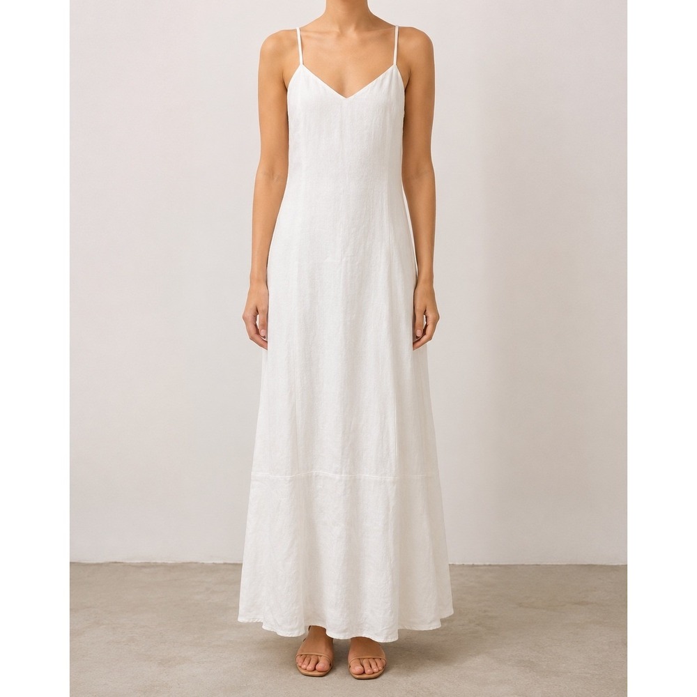 Massimo Dutti Dress Women White Linen Maxi Spaghetti Strap Minimalist Size US 4